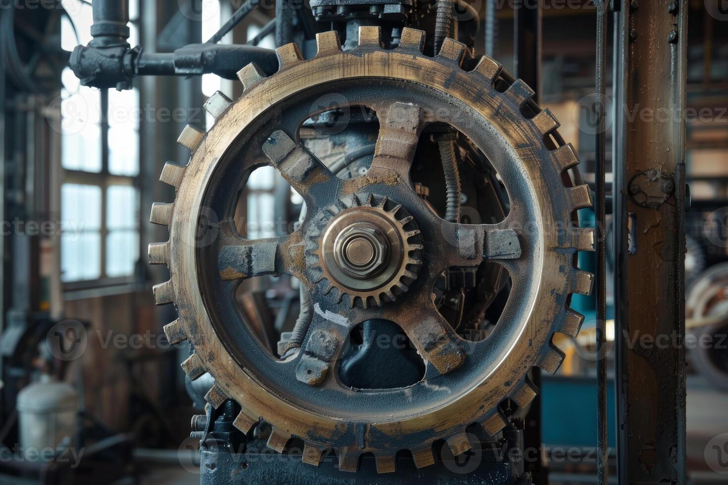 Large rusty gear is part of a mechanical device in an old factory photo