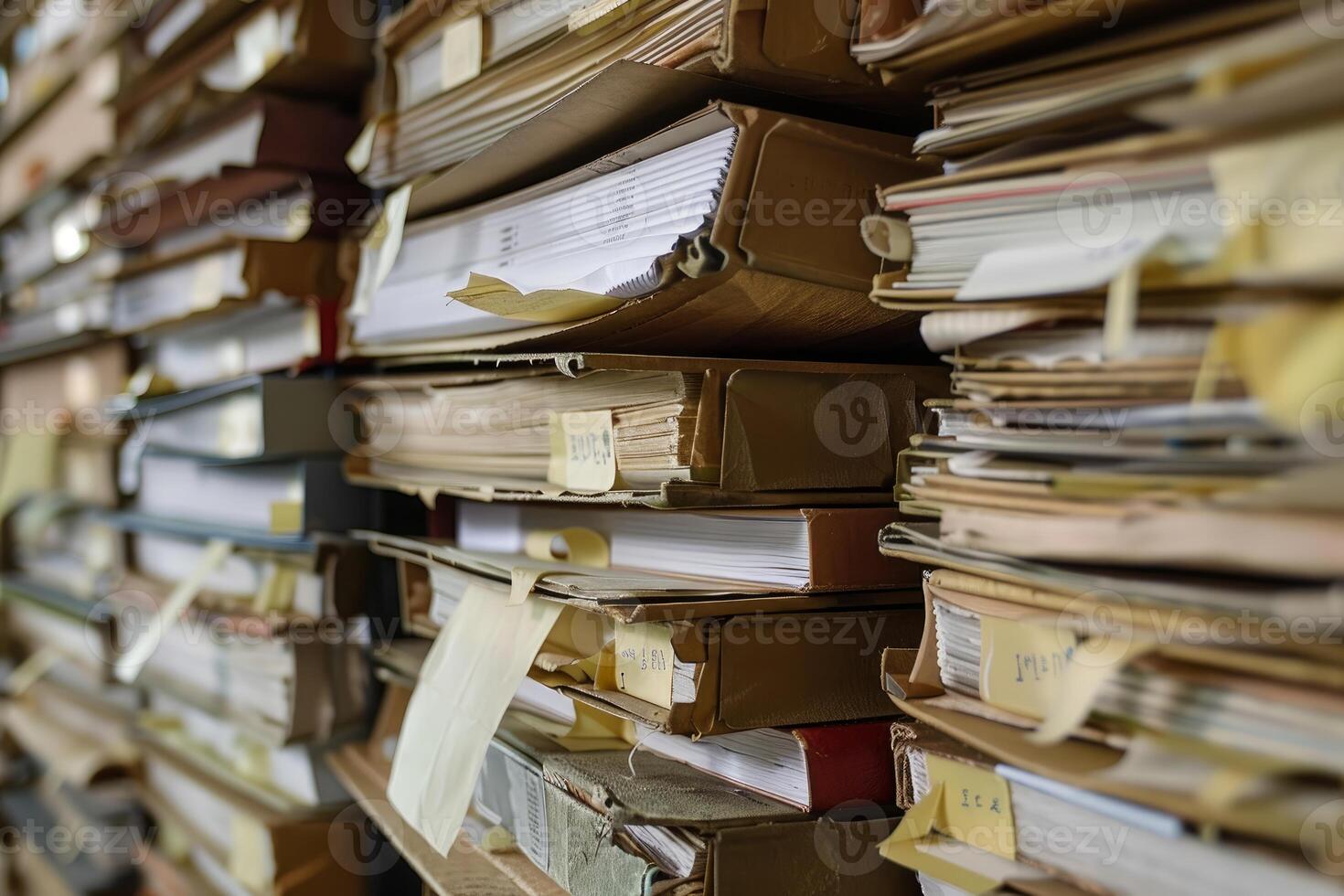 Stack of old files with sticky notes accumulating in an office photo