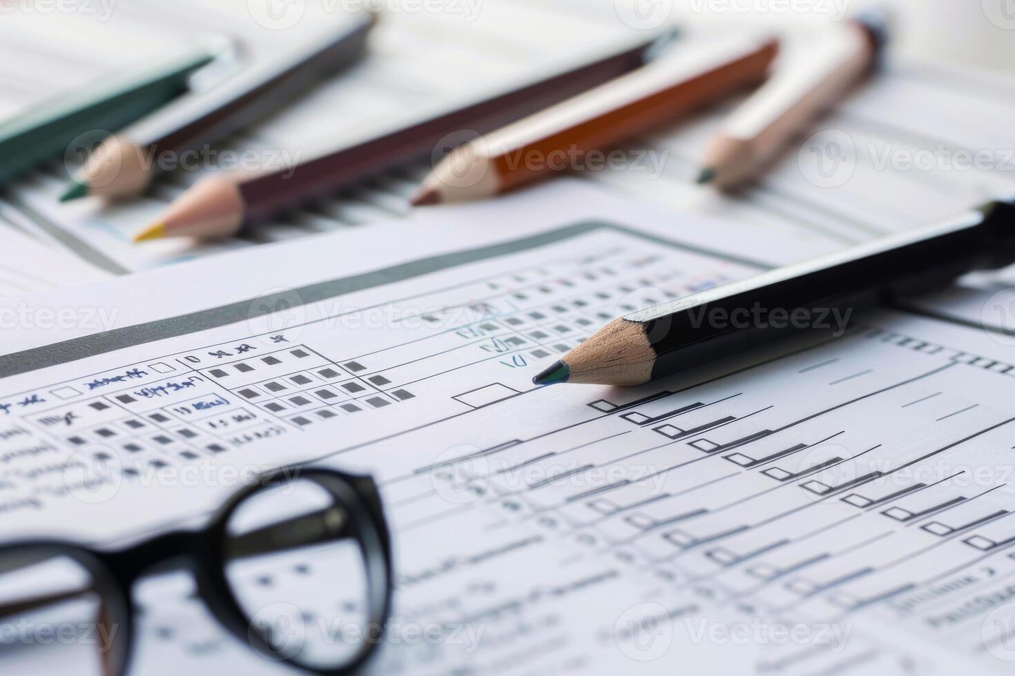 Businessman checking boxes on paper form with eyeglasses and pencils nearby photo