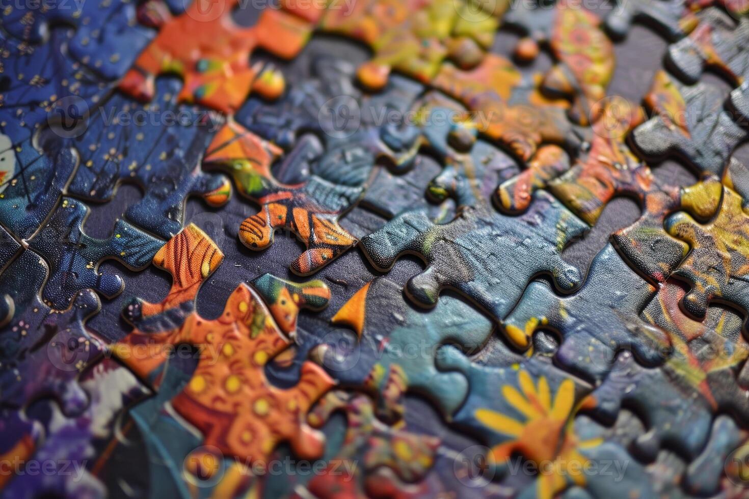 Colorful jigsaw puzzle being solved with some missing pieces photo