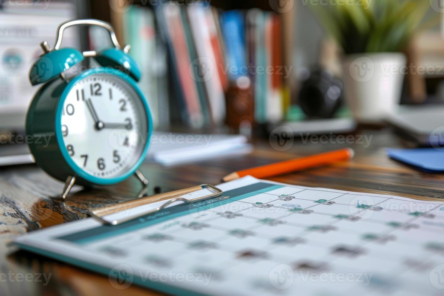 Turquoise alarm clock ticking beside calendar showing scheduled events photo