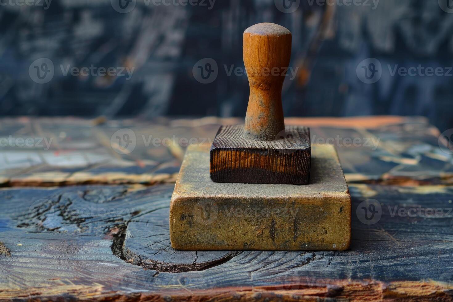 Old wooden stamp standing on a rustic wooden table photo