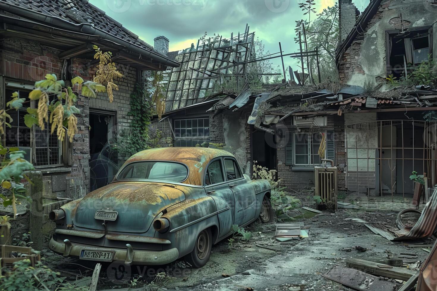 Abandoned rusty car sitting in front of dilapidated building photo