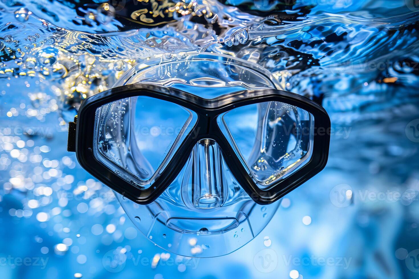 Diving mask submerged in blue water with bubbles around photo