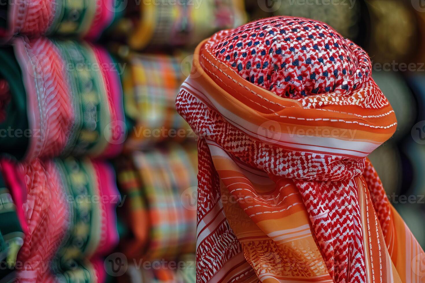 Red and white keffiyeh covering face in textile souk photo