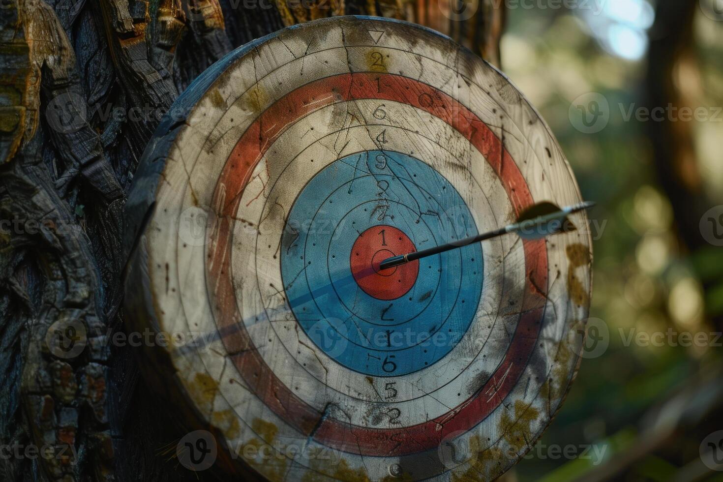 Arrow hitting the center of an old target on a tree photo