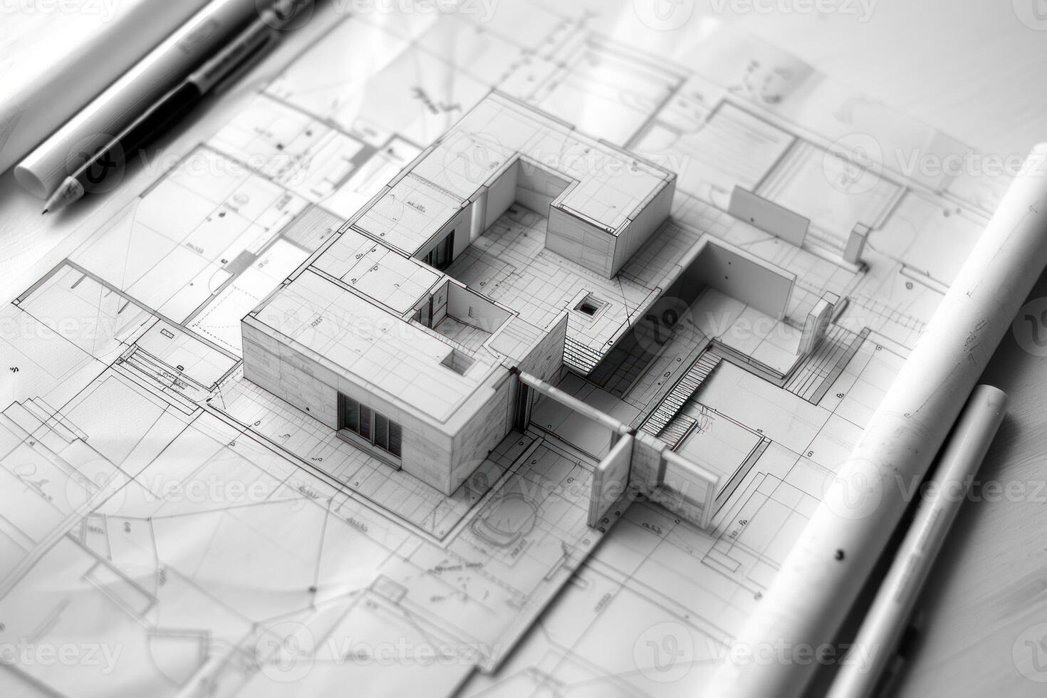 Architect project showing 3d model on top of blueprints photo
