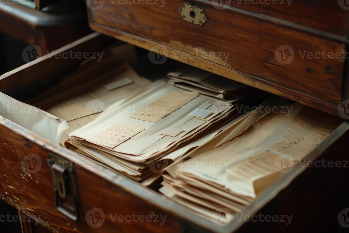 Open wooden drawer being filled with stacks of files photo