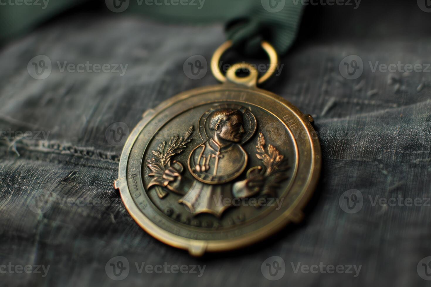 Antique bronze medal resting on a dark textured surface photo