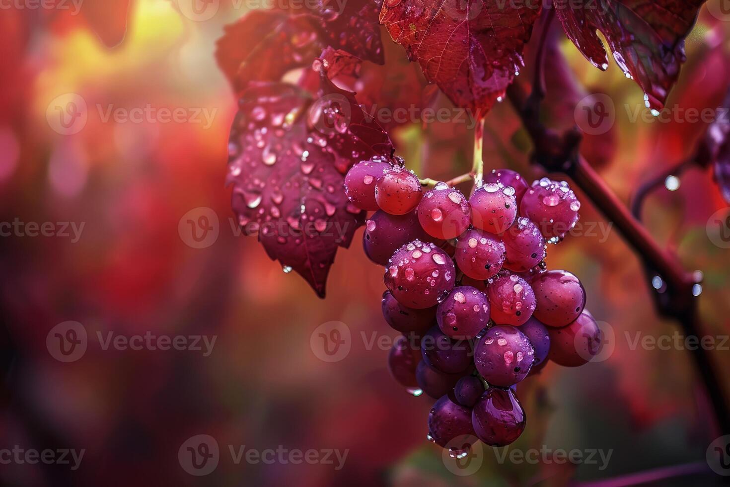 Purple grapes covered with water drops hanging on vine in autumn photo