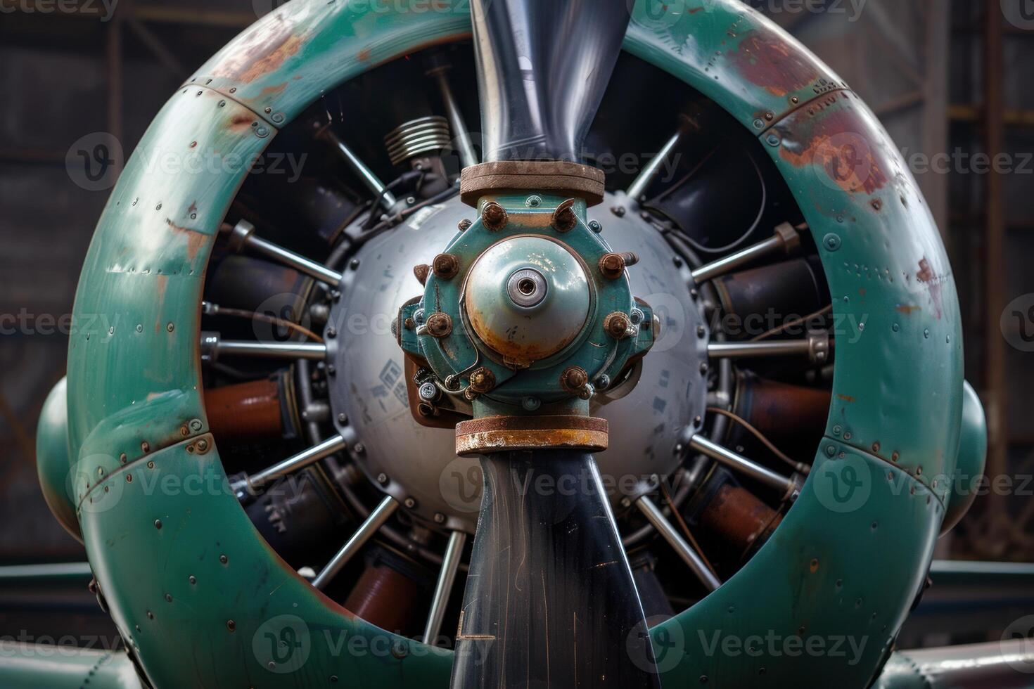 Close up of airplane radial engine showing propeller and cowling photo