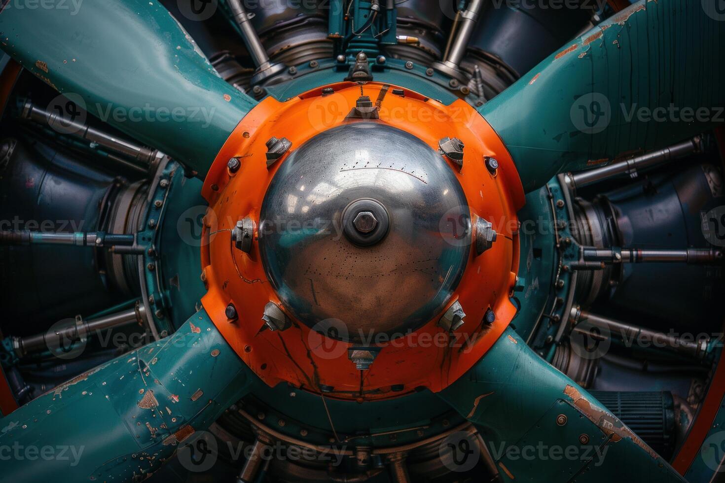 Closeup of orange and green airplane propeller hub on engine photo