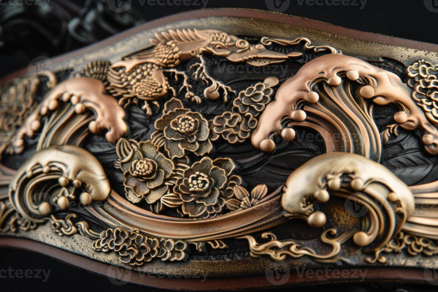 Mythological bird flying over ocean waves and flowers bronze relief photo