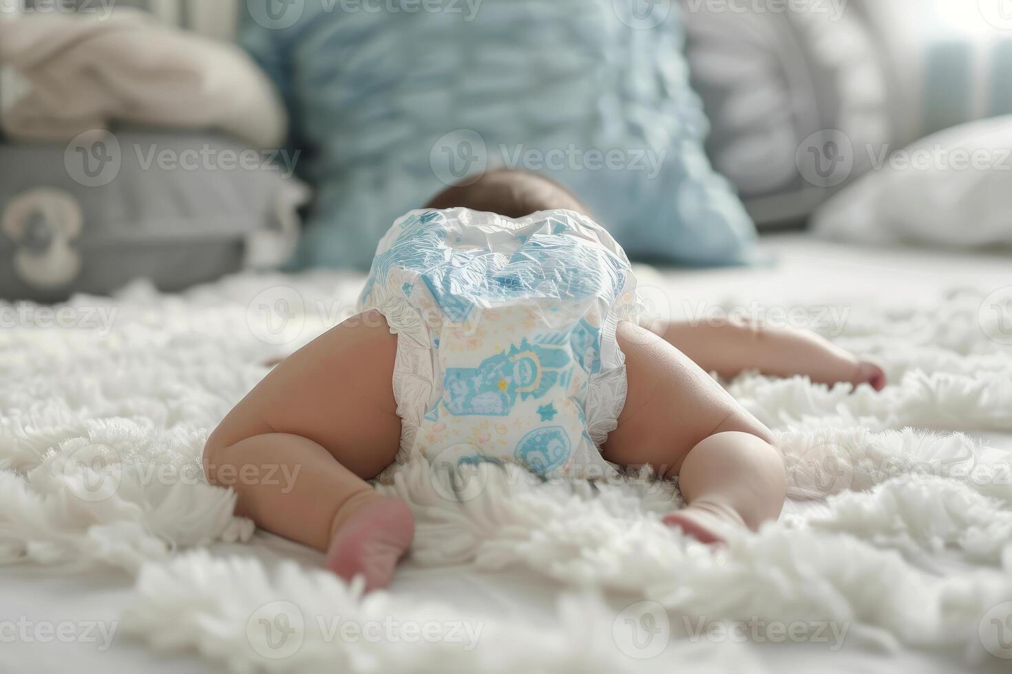 Cute baby wearing a diaper crawling on a cozy bed photo