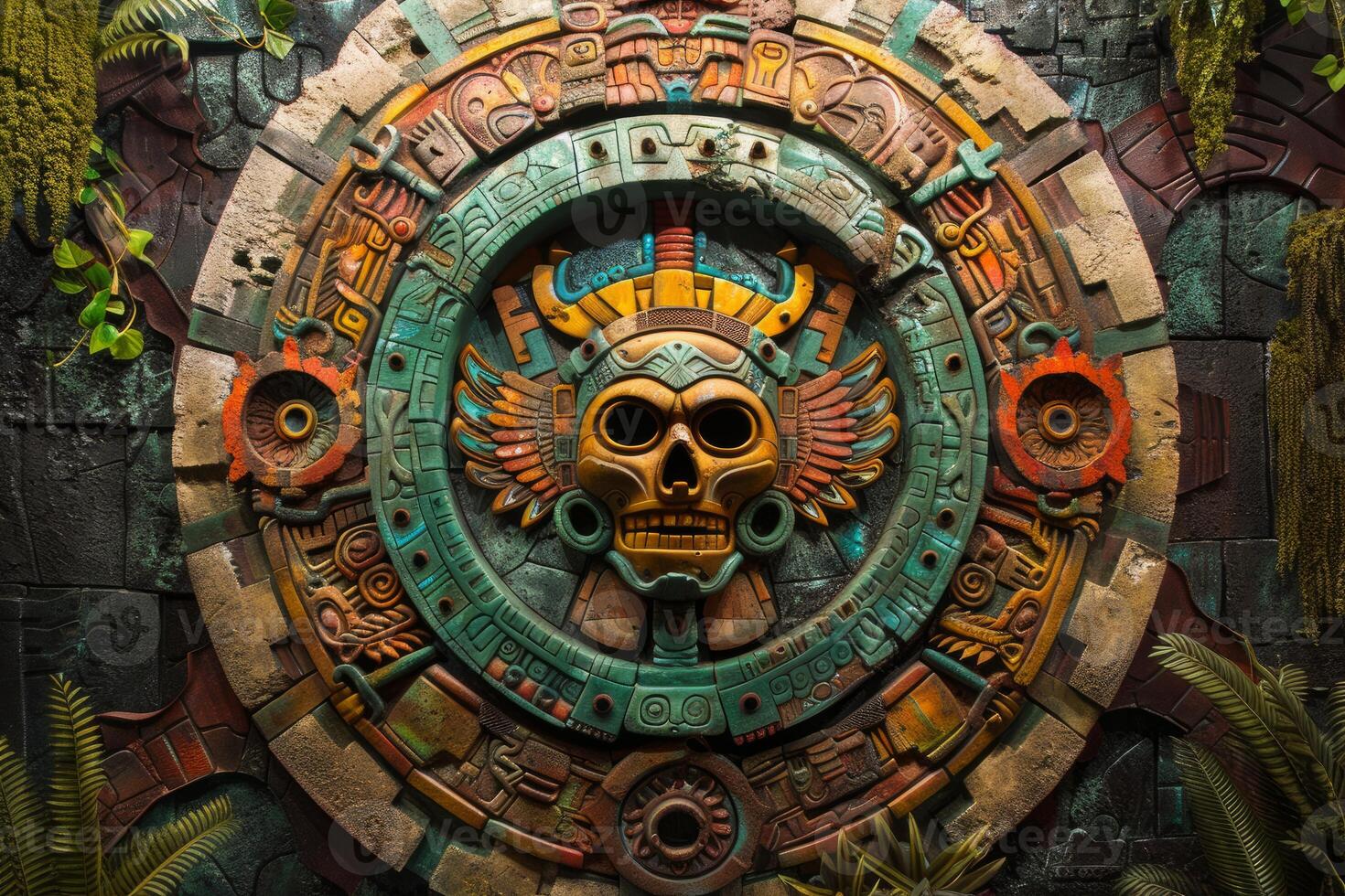 Ancient mayan calendar depicting skull and intricate carvings on stone wall photo