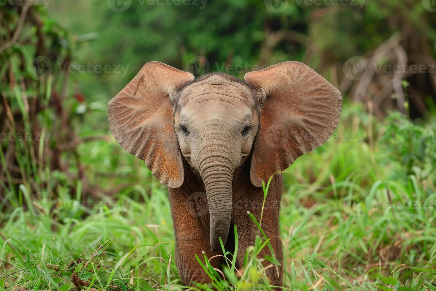Baby elephant standing in tall grass flapping its ears photo