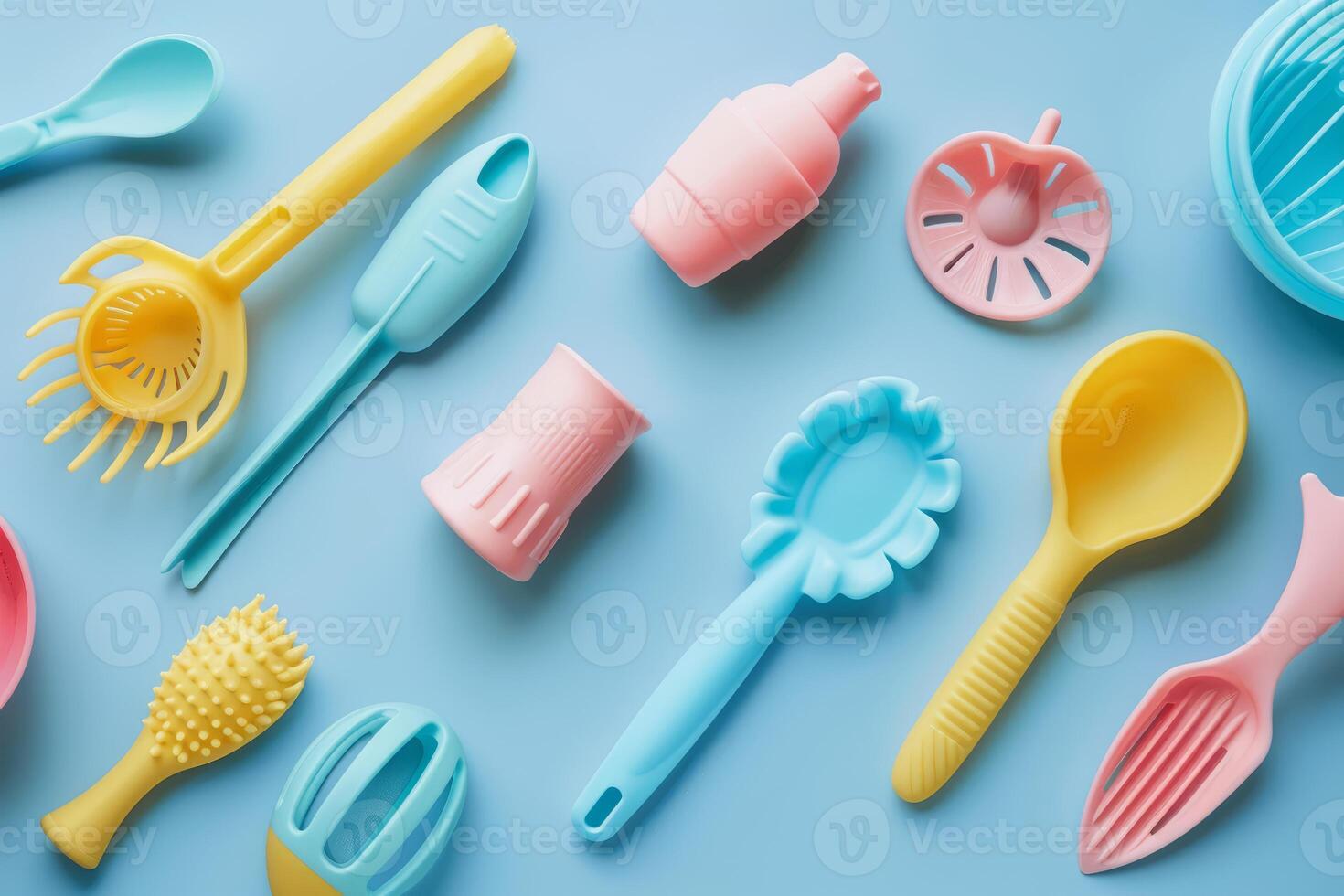 Colorful silicone kitchen utensils lying on a pastel blue background photo