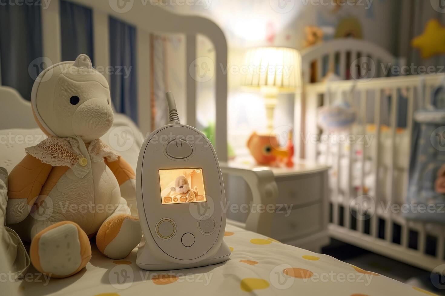 Baby monitor on a nightstand displaying a sleeping baby in a crib with a teddy bear photo