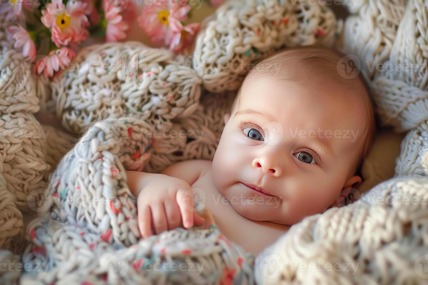 Adorable baby relaxing in a knitted blanket near flowers photo