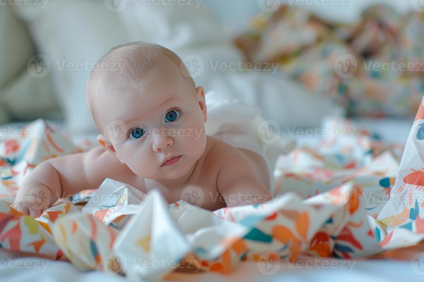 Adorable blue eyed baby lying on stomach on colorful blanket photo
