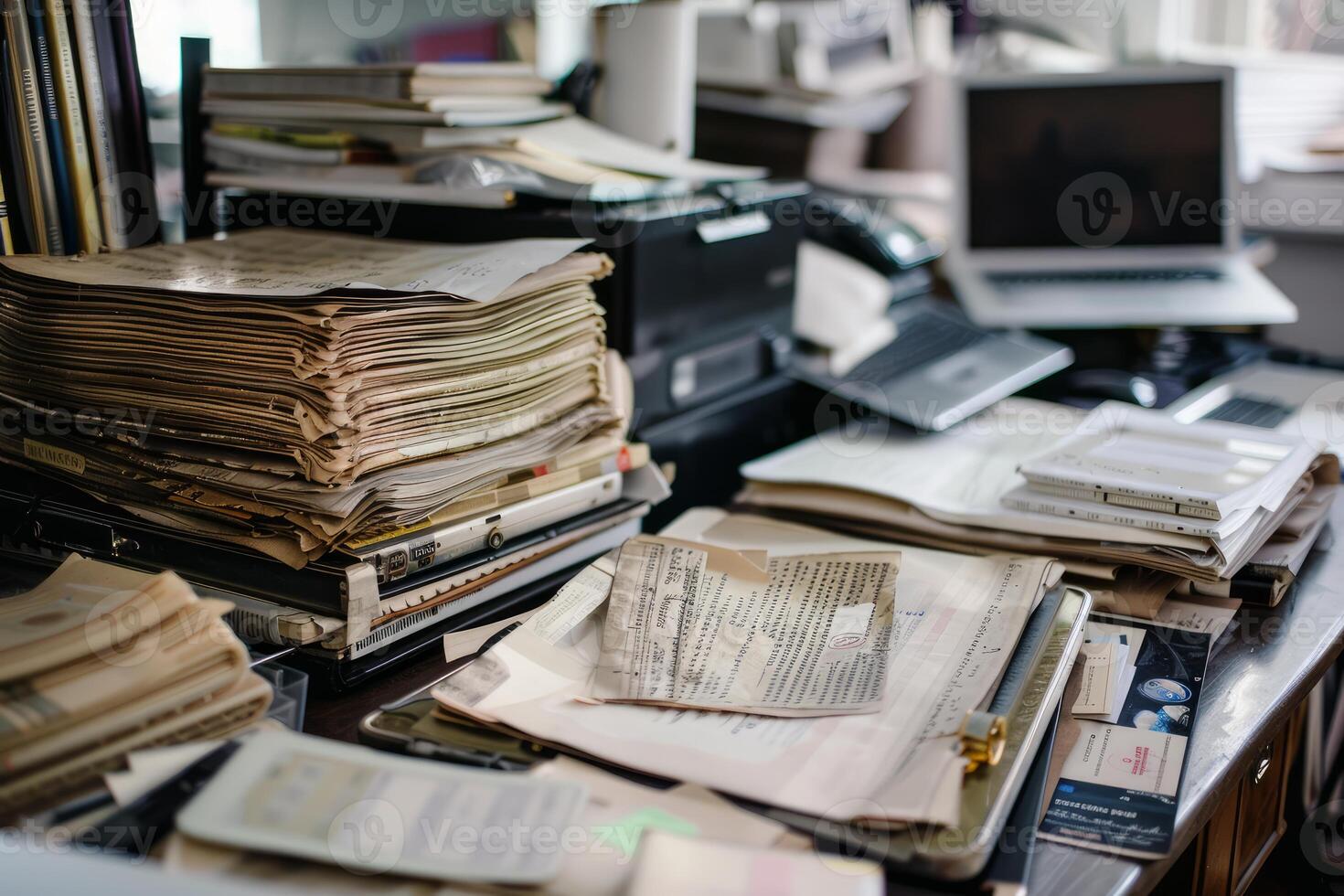 Stack of old paperwork cluttering desk in office photo
