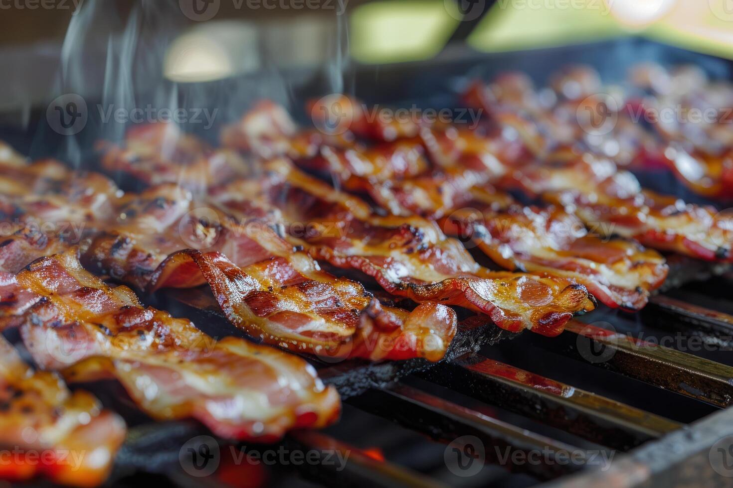 Delicious crispy bacon strips sizzling on grill grates cooking over flames photo