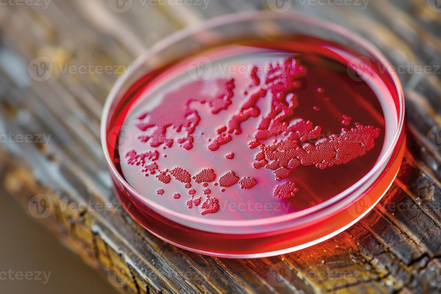 Red bacteria culture growing on agar plate in microbiology lab photo