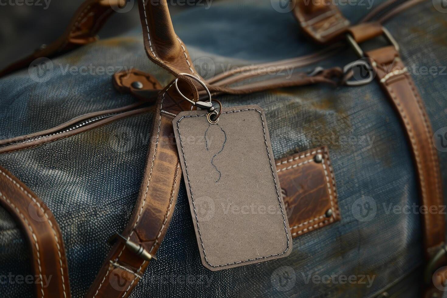 Close up of luggage tag on leather and canvas bag photo