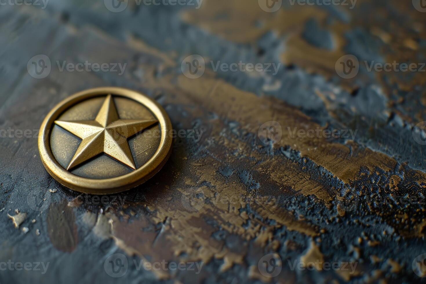 Golden sheriff star badge lying on rustic wooden background photo