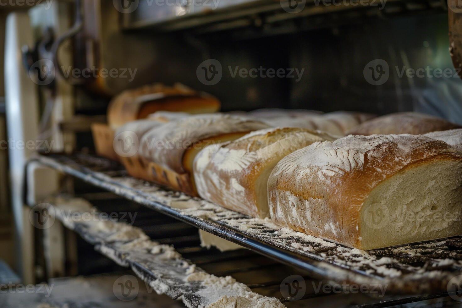 Freshly baked bread cooling on rack in bakery oven photo