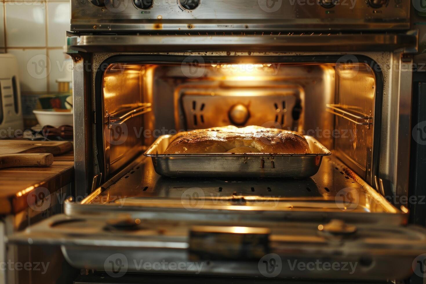 Baking bread in the oven at home kitchen photo