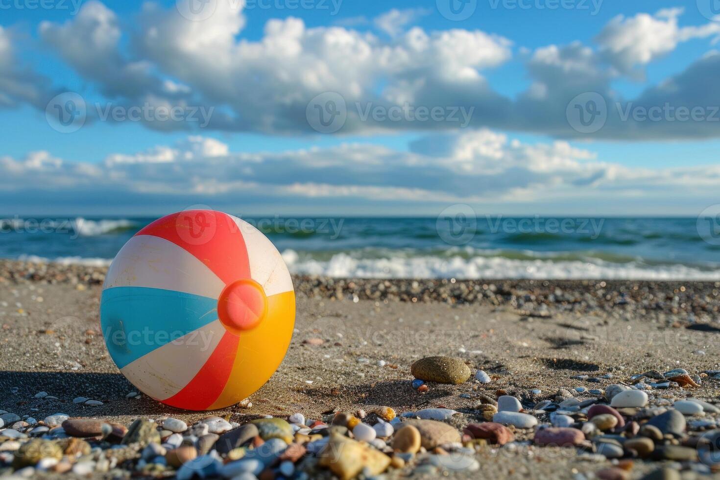 Colorful beach ball lying on the sand with ocean waves crashing in the background photo