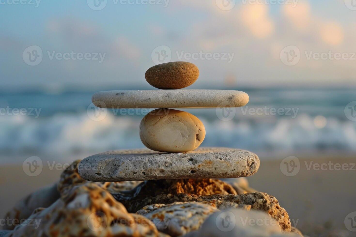 Stack of white and brown pebbles balancing on top of each other on the seashore photo