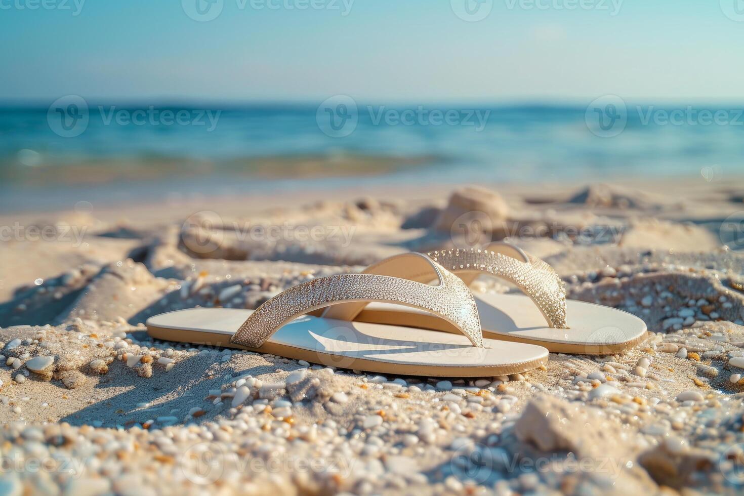 Elegant flip flops resting on a tropical beach shore photo