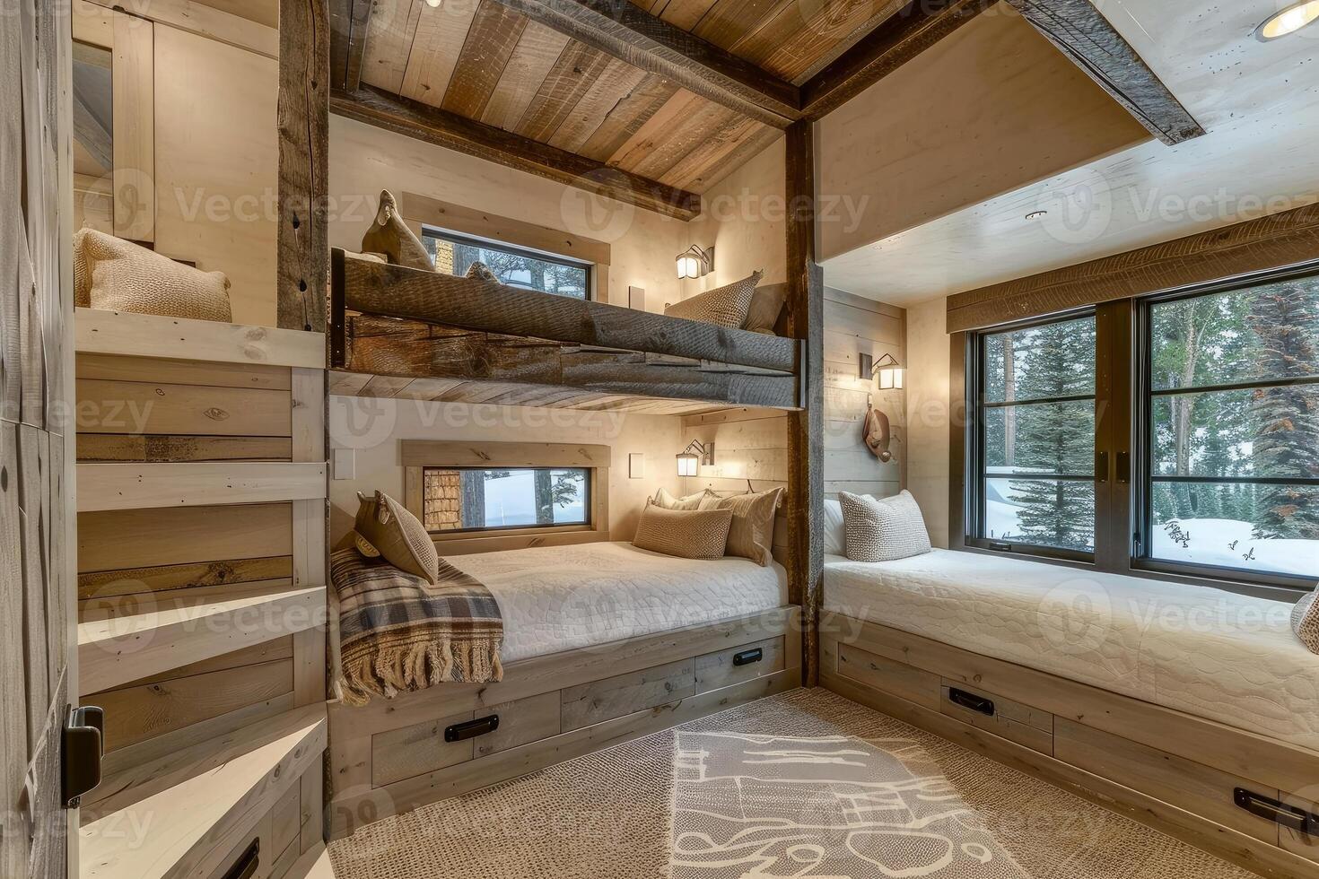 Bunk beds offering breathtaking views in rustic log cabin bedroom photo