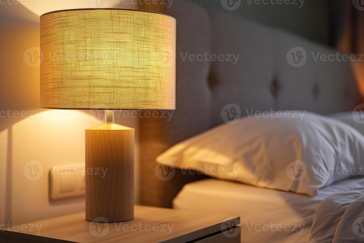 Modern bedside lamp illuminating bedroom in evening photo