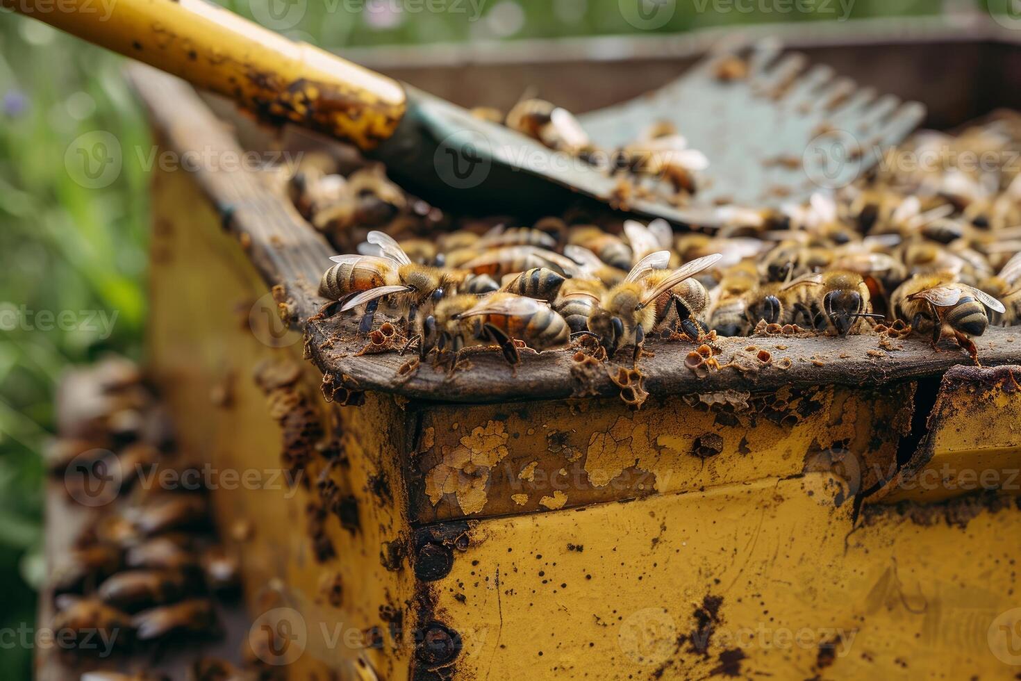 Beekeeper working with bees in beehive using scraper tool photo