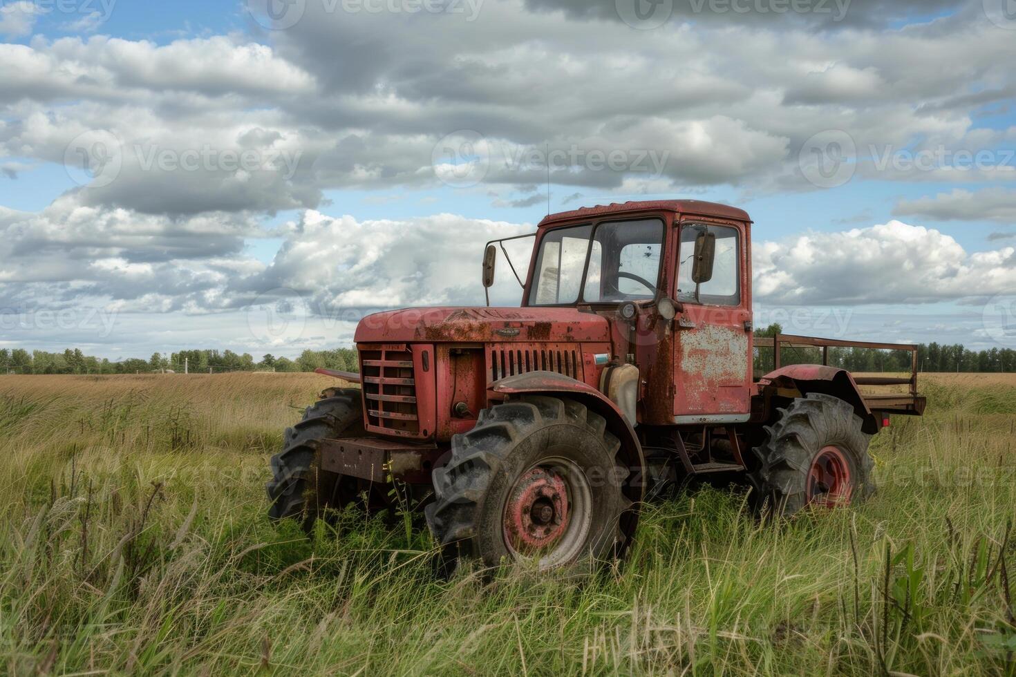 Old red tractor resting in a grass field under a cloudy sky photo