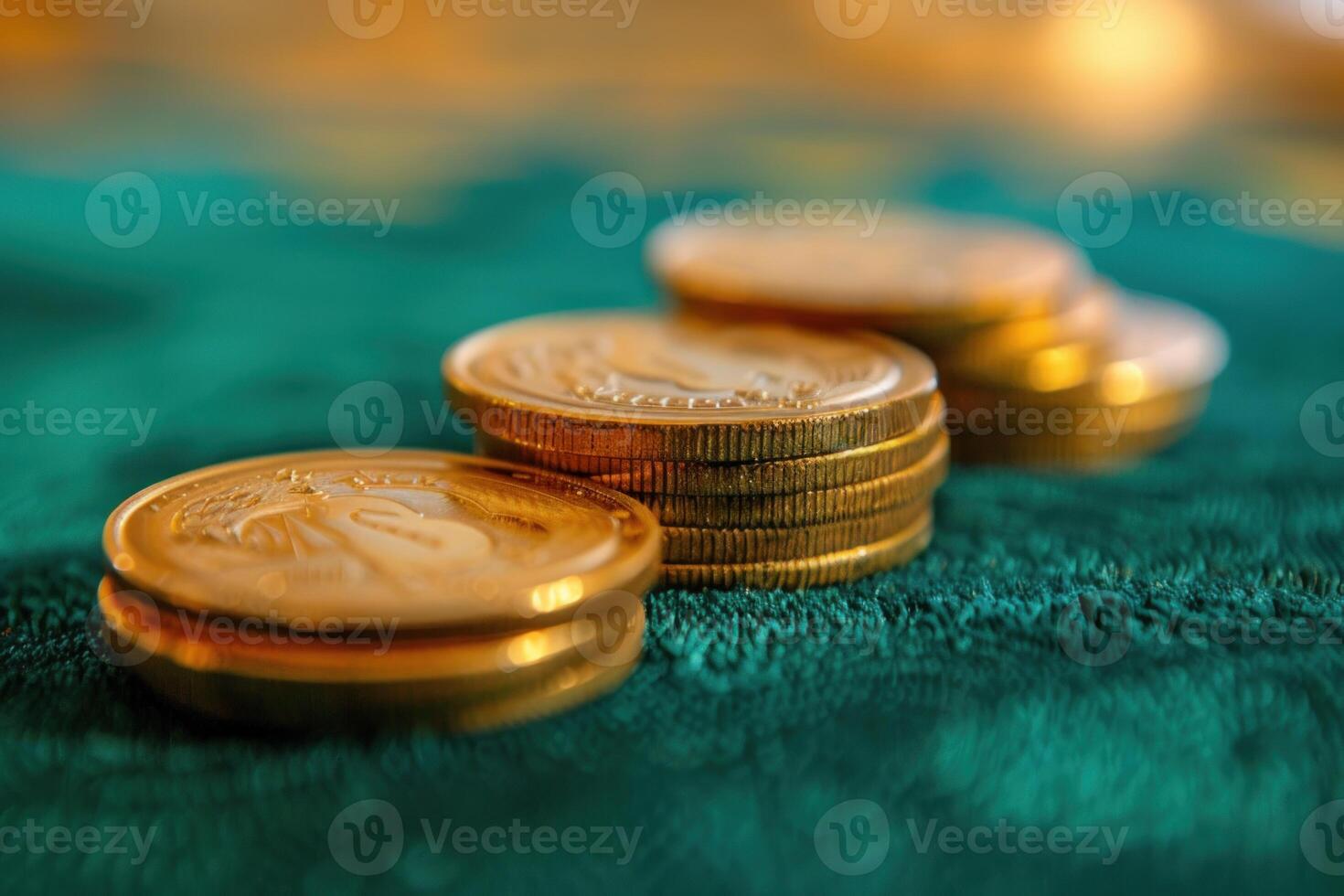 Gold coins stacked on green fabric representing wealth and prosperity photo