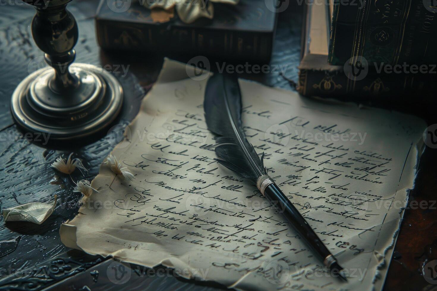 Black feather quill resting on aged handwritten letter on desk photo