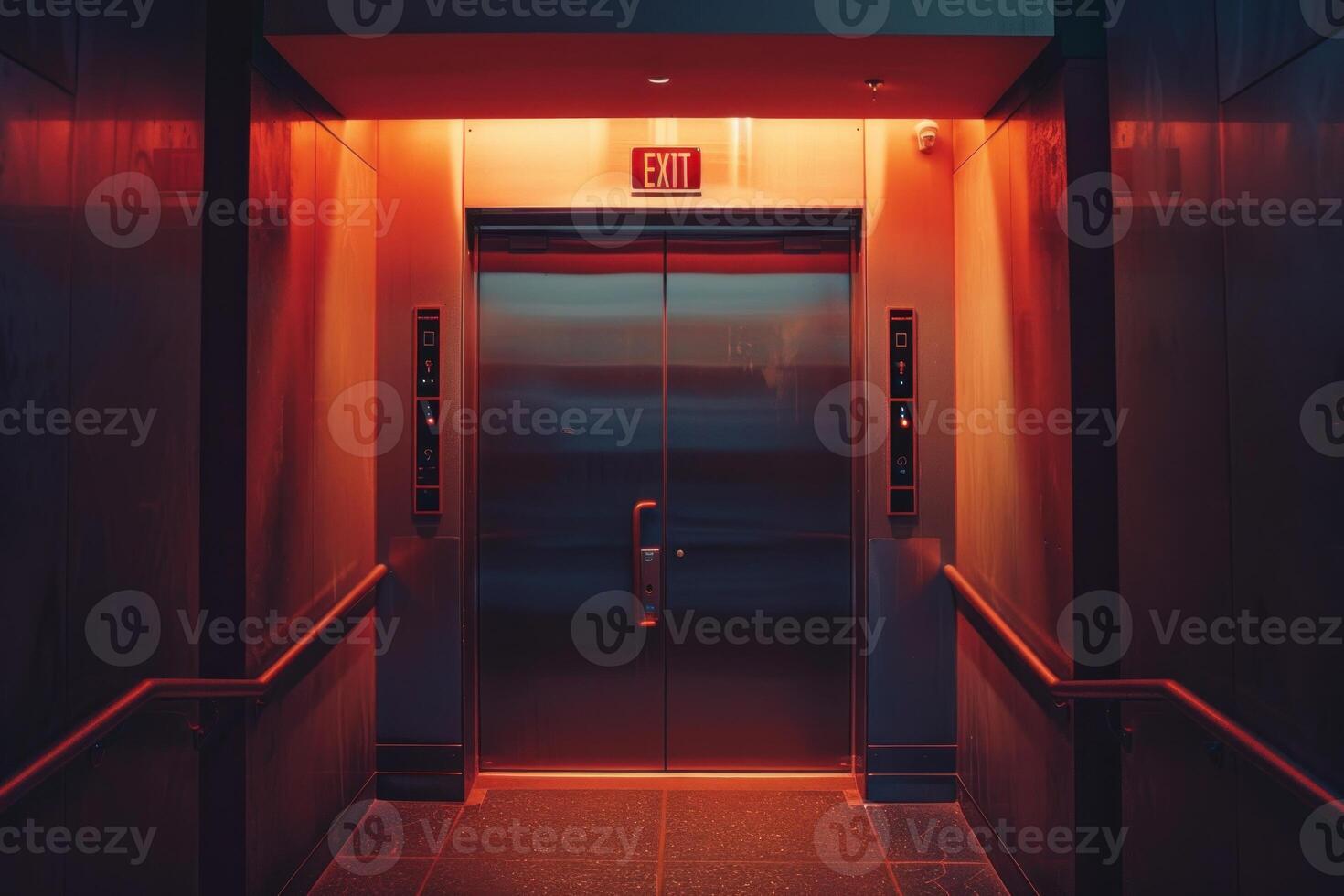 Modern elevator with red light illuminating the empty hallway photo