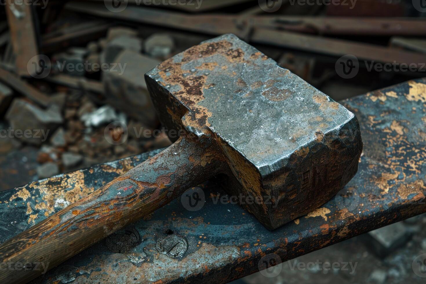 Rusty sledge hammer resting on metal beam at work site photo
