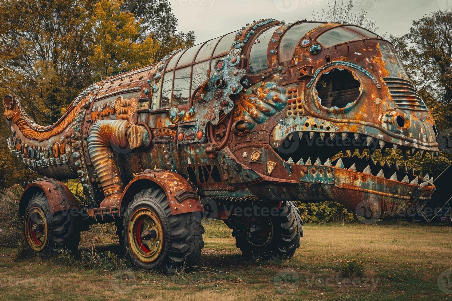 Giant rusty metal dinosaur sculpture standing on grass photo
