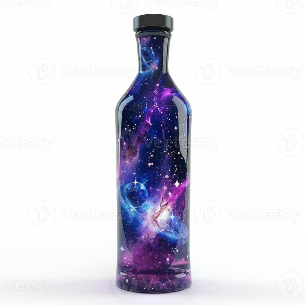 Glass bottle containing colorful universe with planets and stars photo