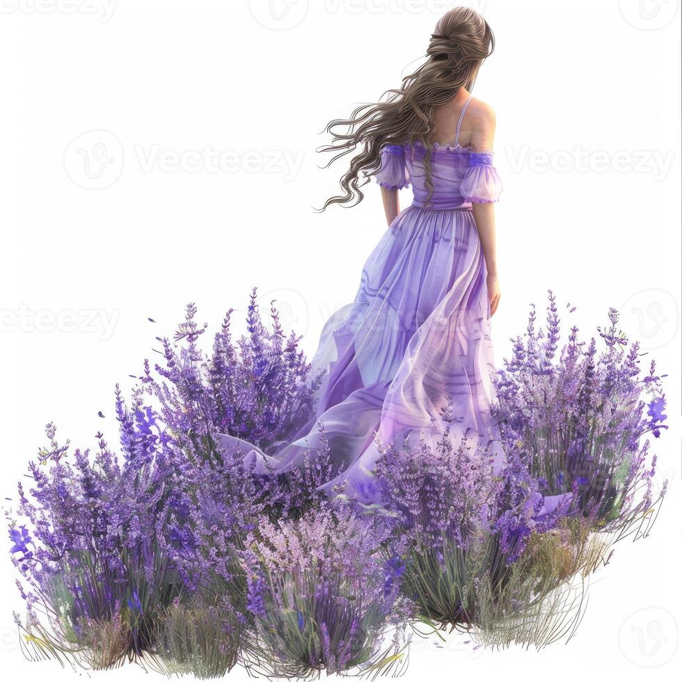 Woman in violet dress walking through lavender field photo