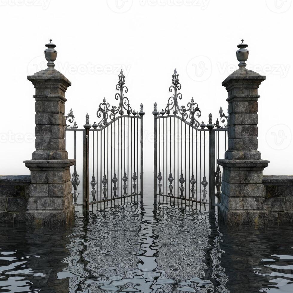 Ornate iron gate standing in flood water photo