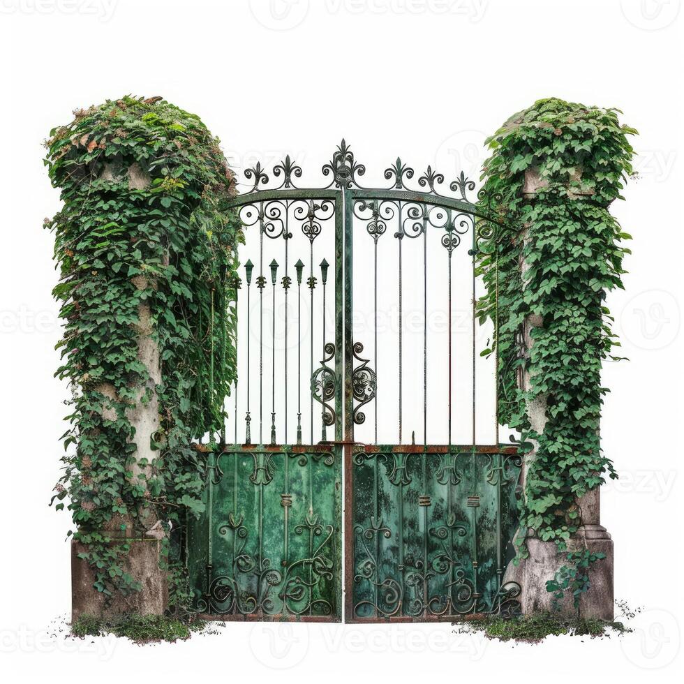 Old ornate green metal gate covered with ivy on white background photo