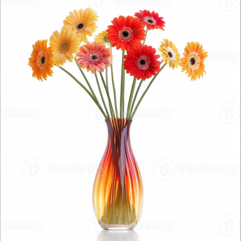 Colorful gerbera daisies standing in a modern glass vase on a white background photo