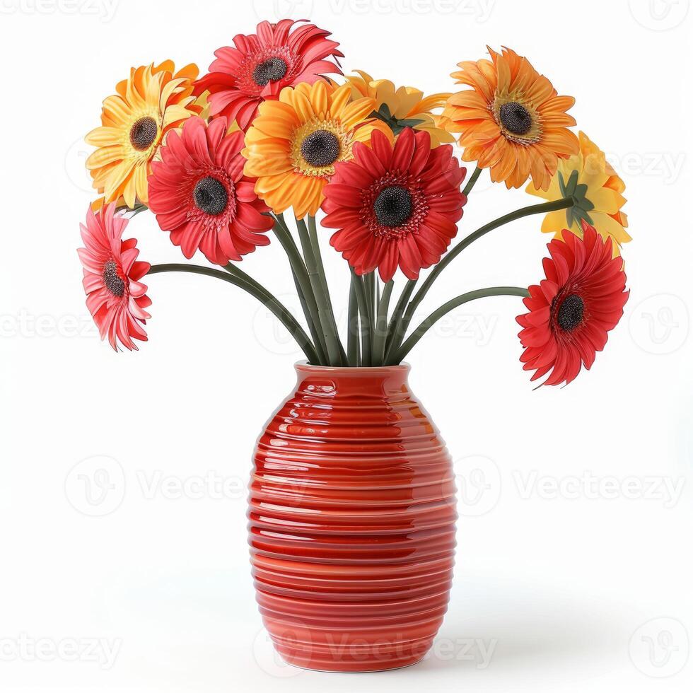Bouquet of red and yellow gerbera daisies standing in red vase photo