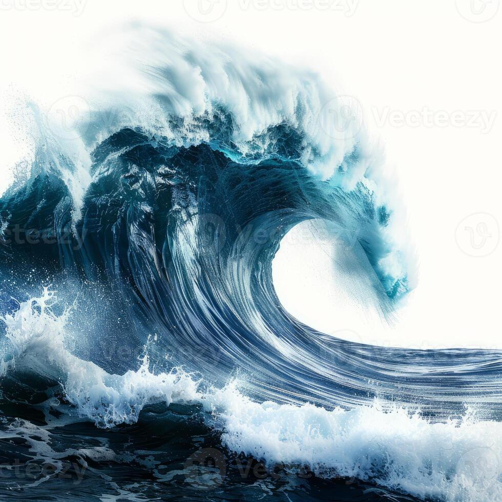 Giant blue ocean wave breaking with water spray on white background photo
